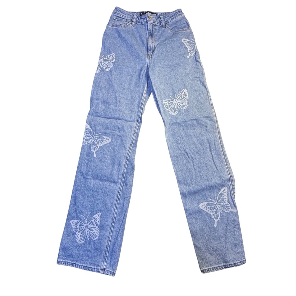 Hollister Ultra High-Rise Dad Jeans 3R W26 L31 Butterfly Print Straight Leg-2100